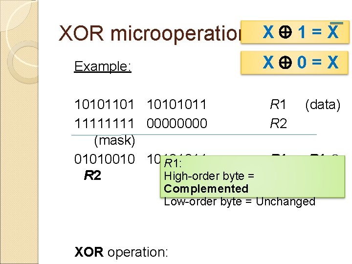 XOR microoperation X 1 = X X 0=X Example: 10101101 10101011 1111 0000 (mask)