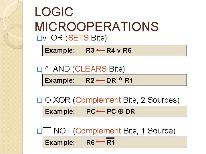 LOGIC MICROOPERATIONS �v OR (SETS Bits) Example: R 3 R 4 v R 6