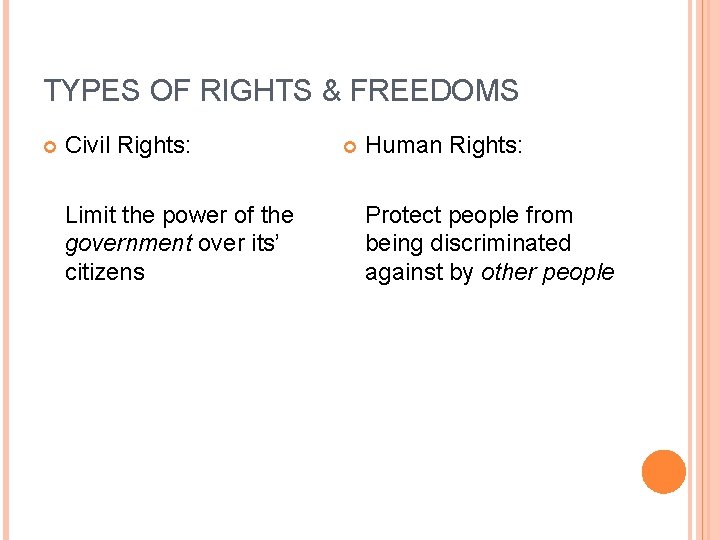 TYPES OF RIGHTS & FREEDOMS Civil Rights: Limit the power of the government over