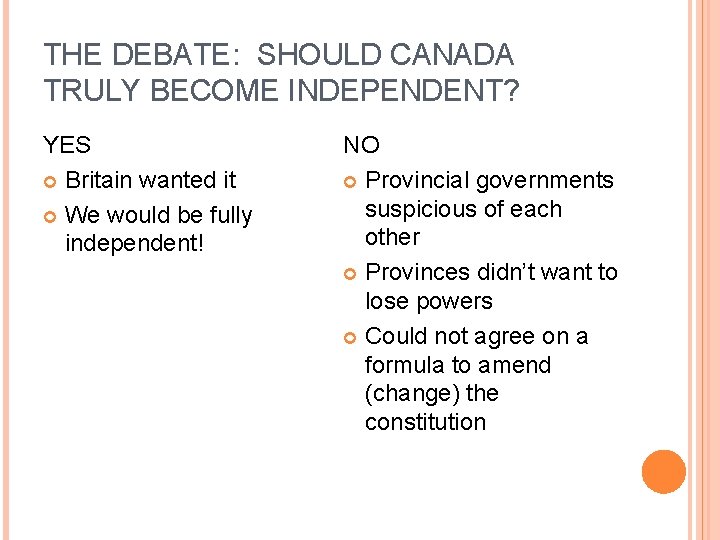 THE DEBATE: SHOULD CANADA TRULY BECOME INDEPENDENT? YES Britain wanted it We would be