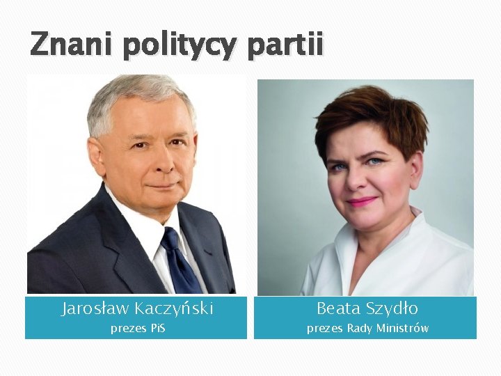 Znani politycy partii Jarosław Kaczyński prezes Pi. S Beata Szydło prezes Rady Ministrów Znani politycy partii Jarosław Kaczyński prezes Pi. S Beata Szydło prezes Rady Ministrów