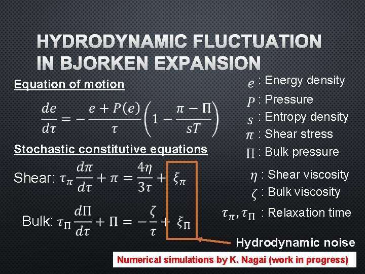 HYDRODYNAMIC FLUCTUATION IN BJORKEN EXPANSION Equation of motion : Energy density : Pressure :