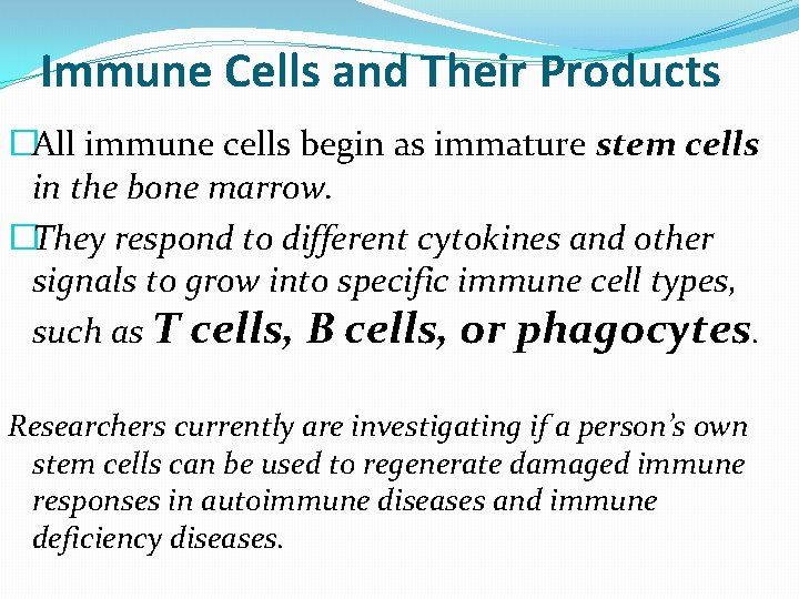 Immune Cells and Their Products �All immune cells begin as immature stem cells in