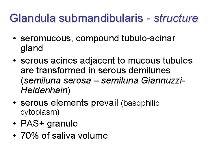 Glandula submandibularis - structure • seromucous, compound tubulo-acinar gland • serous acines adjacent to