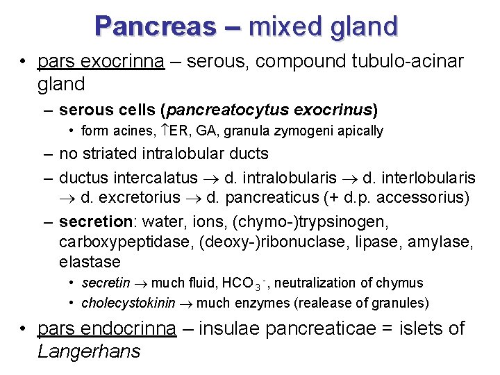 Pancreas – mixed gland • pars exocrinna – serous, compound tubulo-acinar gland – serous