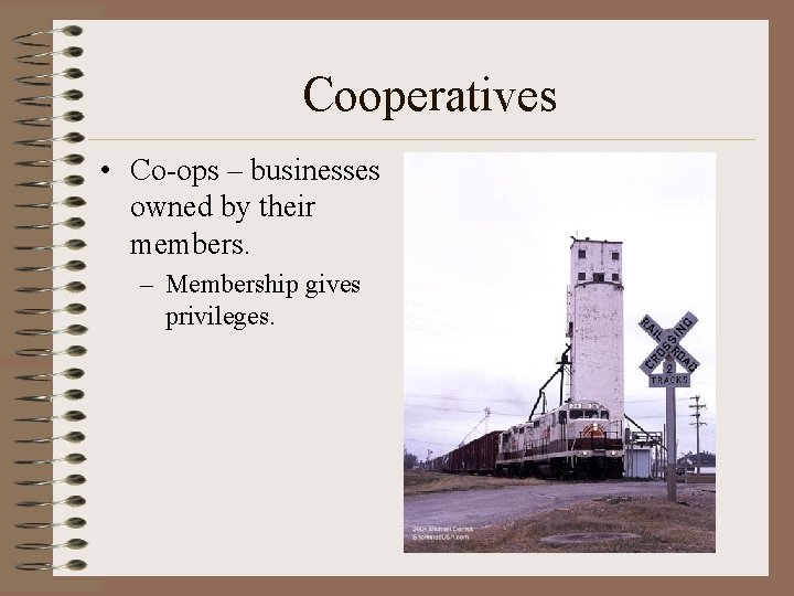 Cooperatives • Co-ops – businesses owned by their members. – Membership gives privileges. 