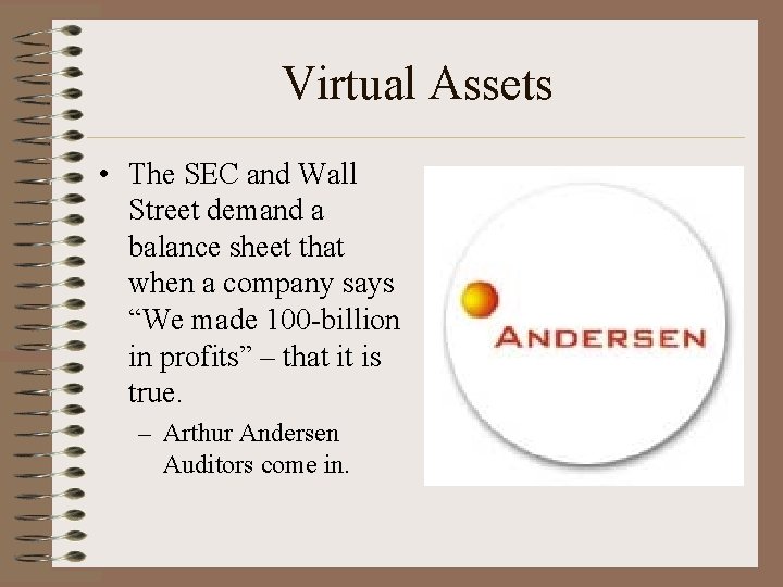 Virtual Assets • The SEC and Wall Street demand a balance sheet that when