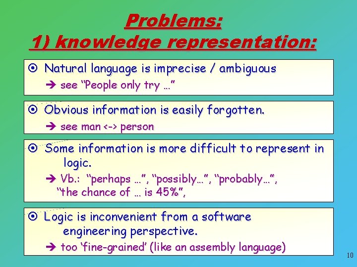 Problems: 1) knowledge representation: ¤ Natural language is imprecise / ambiguous è see “People