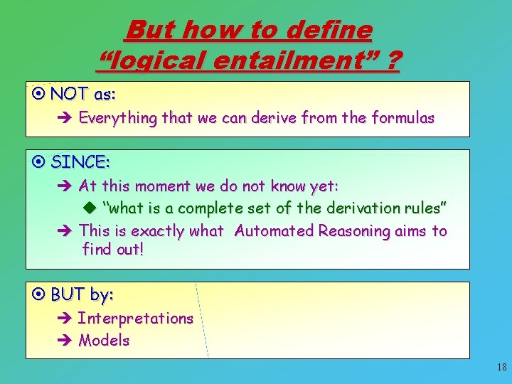 But how to define “logical entailment” ? ¤ NOT as: è Everything that we