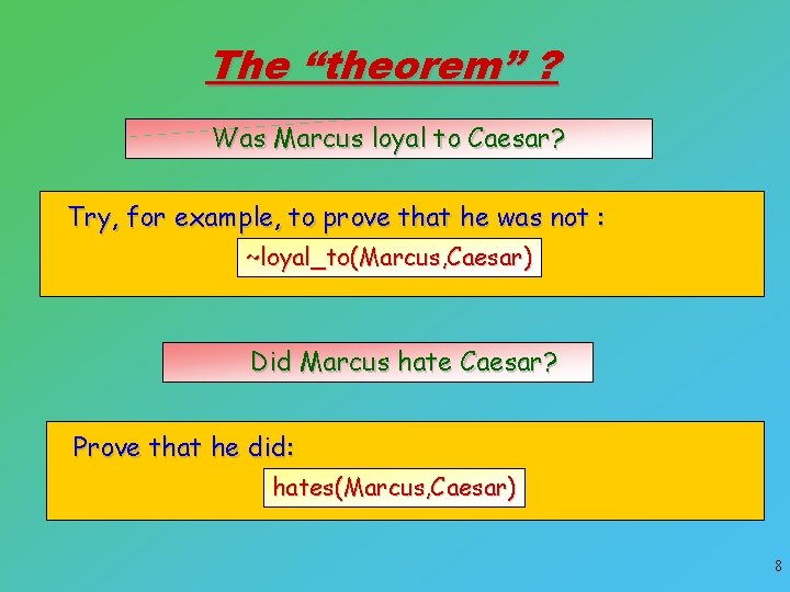 The “theorem” ? Was Marcus loyal to Caesar? Try, for example, to prove that