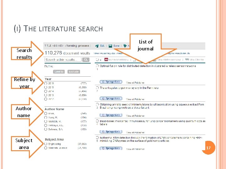 (I) THE LITERATURE SEARCH Search results List of journal Refine by year Author name