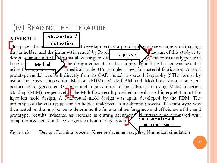 (IV) READING THE LITERATURE Introduction / motivation Objective Method Summary of results and conclusion