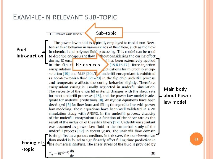 EXAMPLE-IN RELEVANT SUB-TOPIC Sub-topic Brief Introduction References Main body about Power law model Ending