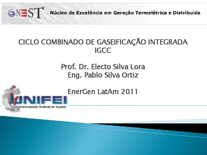 CICLO COMBINADO DE GASEIFICAÇÃO INTEGRADA IGCC Prof. Dr. Electo Silva Lora Eng. Pablo Silva