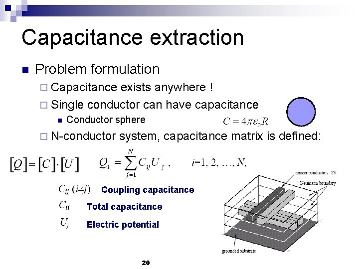 Capacitance extraction n Problem formulation ¨ Capacitance exists anywhere ! ¨ Single conductor can