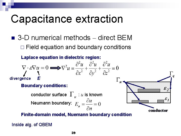 Capacitance extraction n 3 -D numerical methods – direct BEM ¨ Field equation and