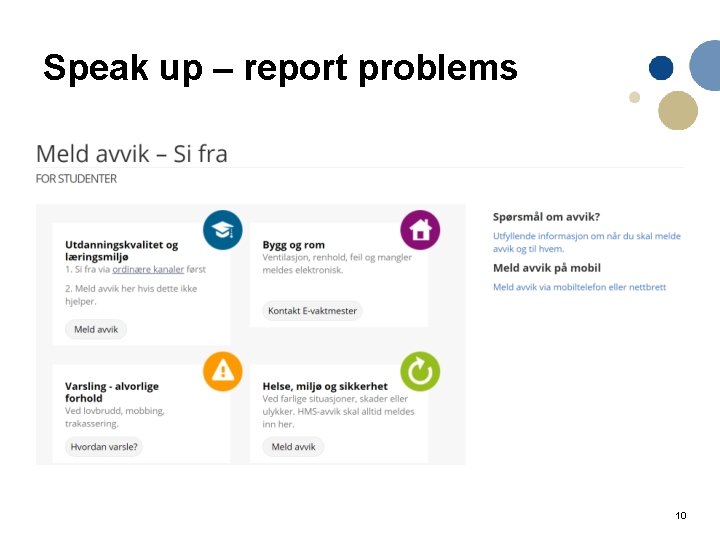 Speak up – report problems 10 