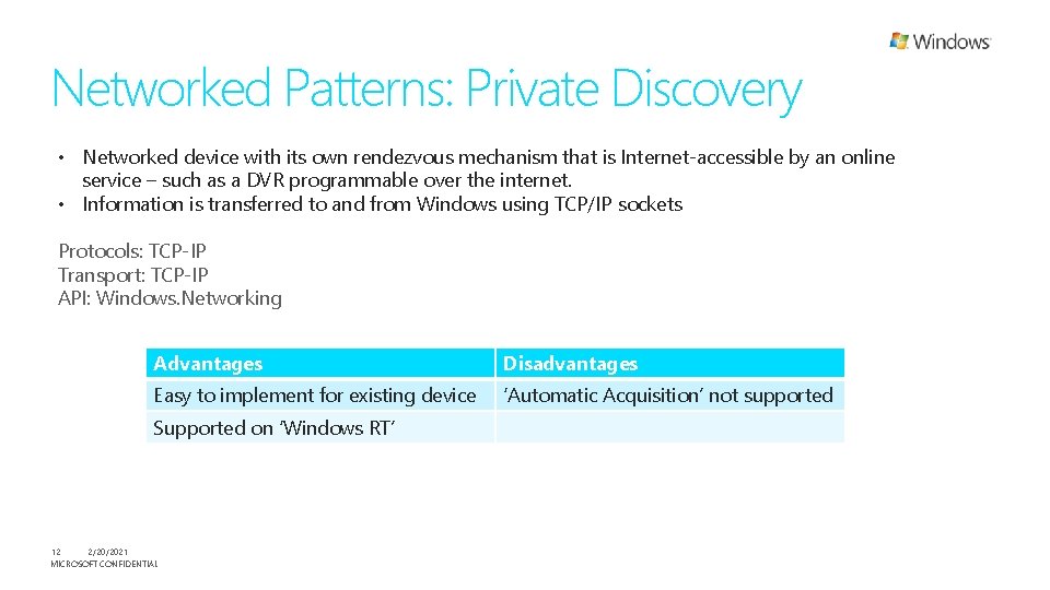 Networked Patterns: Private Discovery • Networked device with its own rendezvous mechanism that is