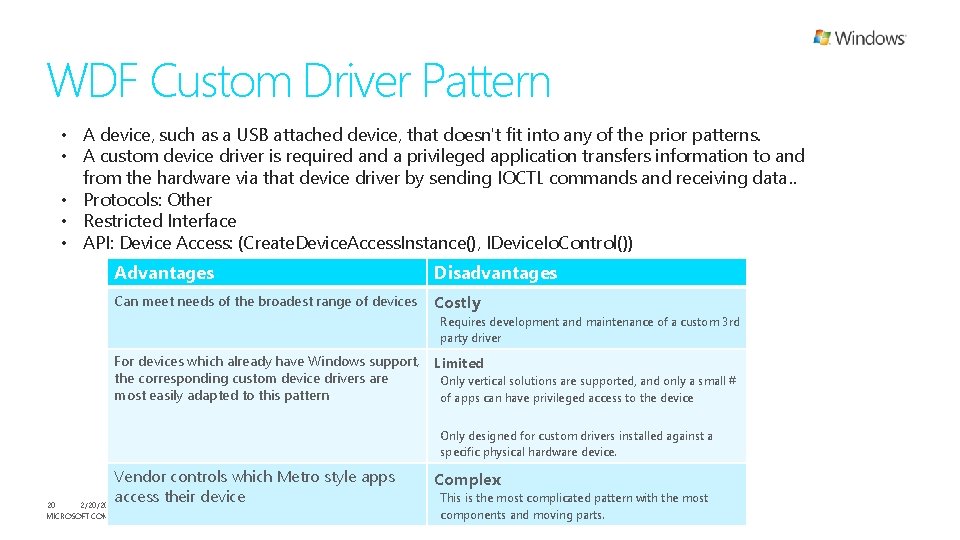 WDF Custom Driver Pattern • A device, such as a USB attached device, that
