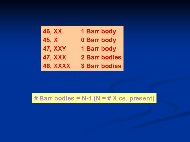 46, XX 45, X 47, XXY 47, XXX 48, XXXX 1 Barr body 0
