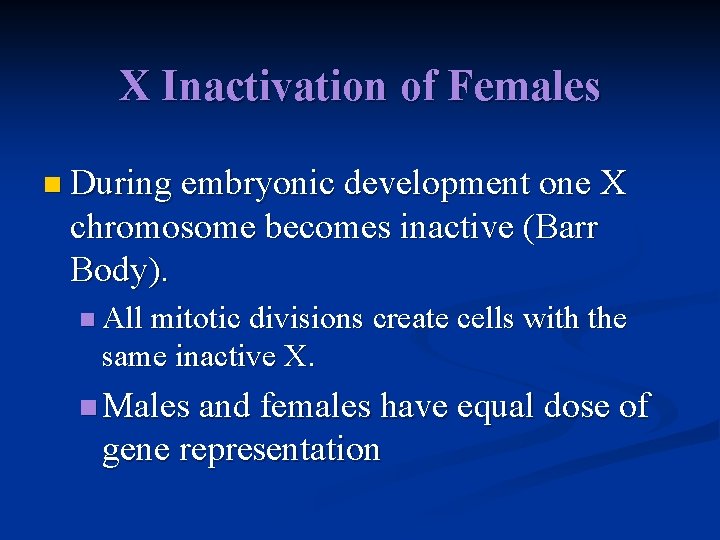 X Inactivation of Females n During embryonic development one X chromosome becomes inactive (Barr