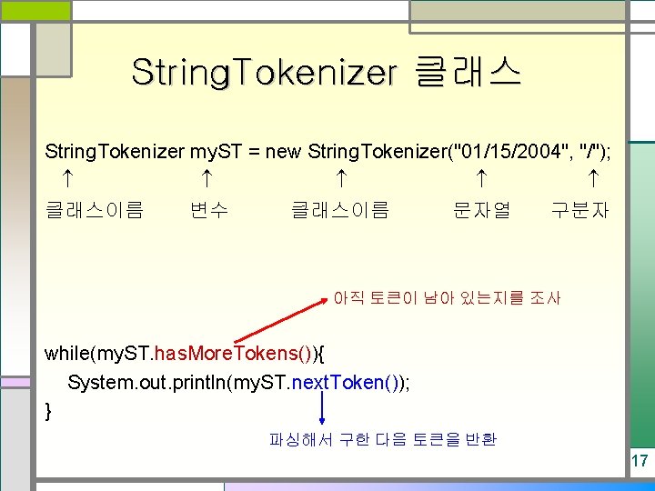 String. Tokenizer 클래스 String. Tokenizer my. ST = new String. Tokenizer("01/15/2004", "/"); 클래스이름 변수