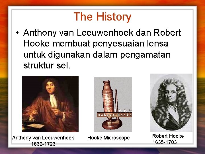 The History • Anthony van Leeuwenhoek dan Robert Hooke membuat penyesuaian lensa untuk digunakan