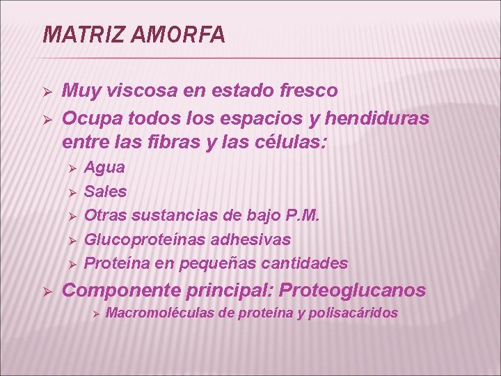 MATRIZ AMORFA Ø Ø Muy viscosa en estado fresco Ocupa todos los espacios y