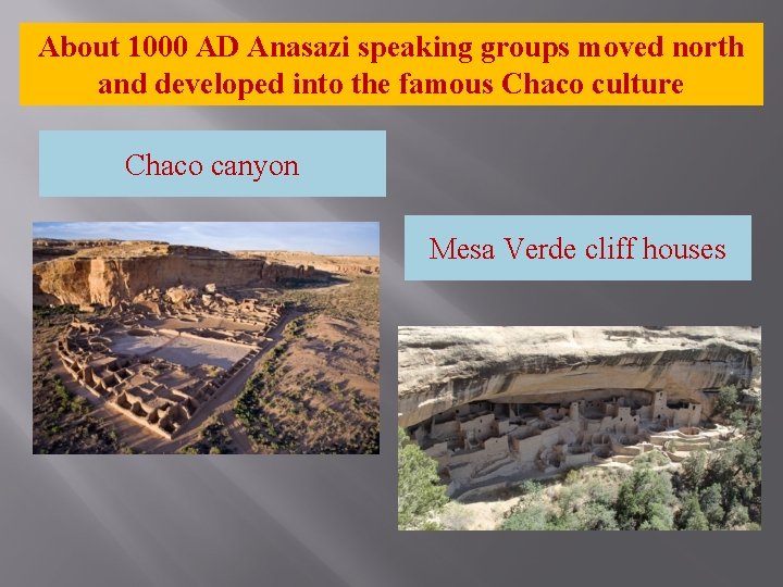 About 1000 AD Anasazi speaking groups moved north and developed into the famous Chaco