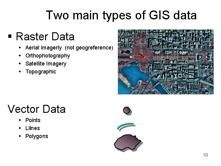 Two main types of GIS data § Raster Data § § Aerial imagerly (not