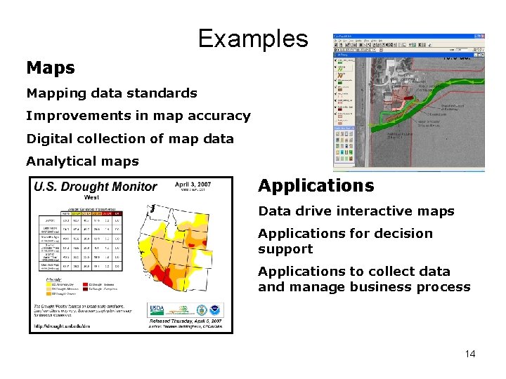 Examples Mapping data standards Improvements in map accuracy Digital collection of map data Analytical