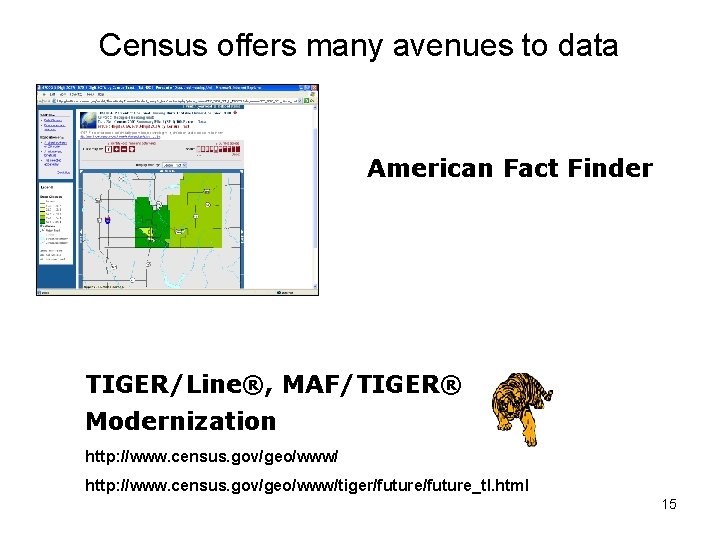 Census offers many avenues to data American Fact Finder TIGER/Line®, MAF/TIGER® Modernization http: //www.