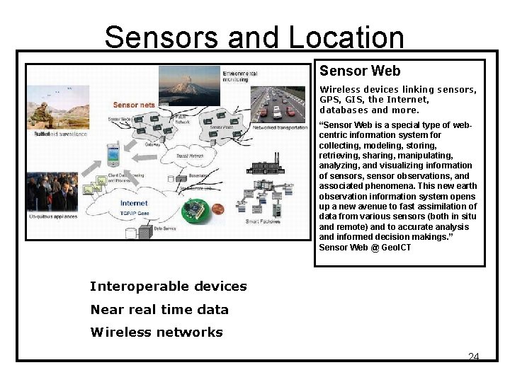 Sensors and Location Sensor Web Wireless devices linking sensors, GPS, GIS, the Internet, databases