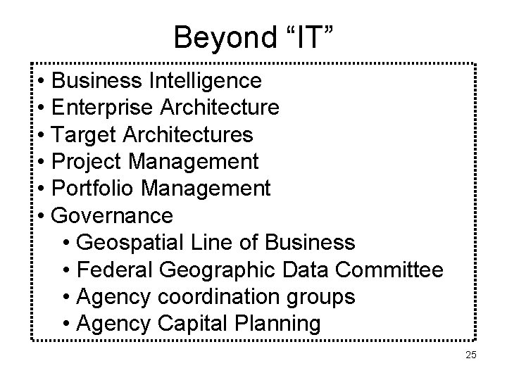 Beyond “IT” • Business Intelligence • Enterprise Architecture • Target Architectures • Project Management