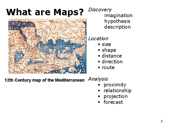 What are Maps? Discovery imagination hypothesis description Location § size § shape § distance