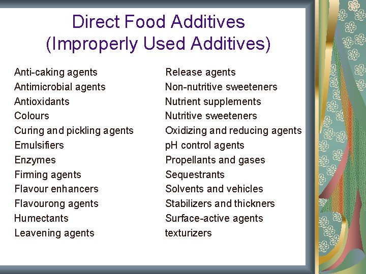 Direct Food Additives (Improperly Used Additives) Anti-caking agents Antimicrobial agents Antioxidants Colours Curing and Direct Food Additives (Improperly Used Additives) Anti-caking agents Antimicrobial agents Antioxidants Colours Curing and