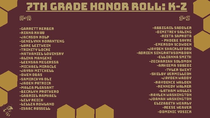 7 th Grade Honor Roll: k-z k-r -Garrett Kerber -Kiana Khuu -Jackson Kolp -Genelynn