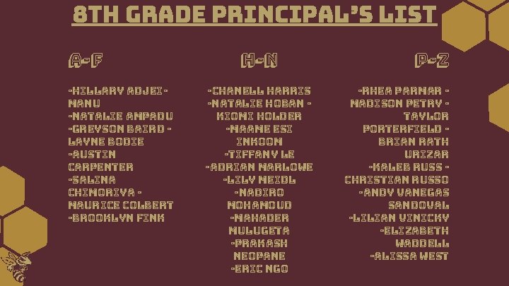 8 th Grade Principal’s List A-f -Hillary Adjeimanu -Natalie Ampadu -Greyson Baird Layne Bodie