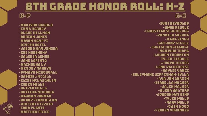 8 th Grade Honor Roll: h-z h-p -Madison Harold -Emma Harvey -Blake Hillman -Adrian