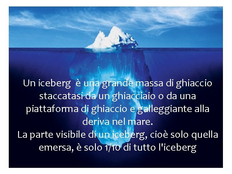 Un iceberg è una grande massa di ghiaccio staccatasi da un ghiacciaio o da