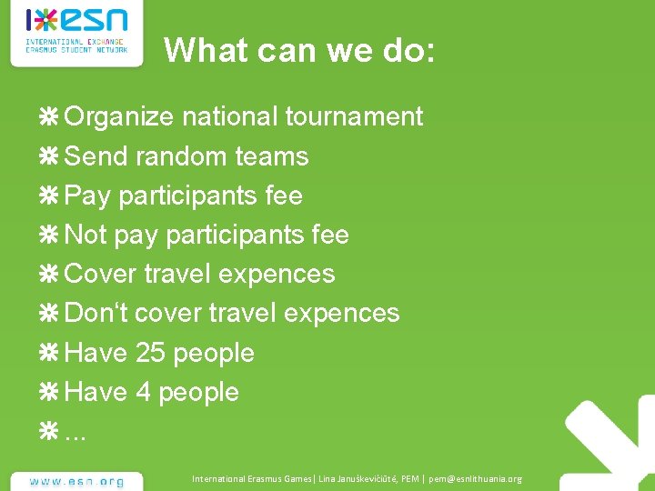 What can we do: Organize national tournament Send random teams Pay participants fee Not