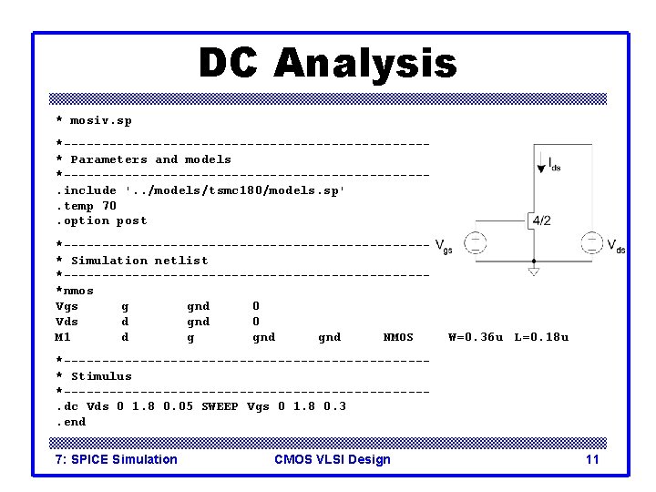 DC Analysis * mosiv. sp *------------------------* Parameters and models *------------------------. include '. . /models/tsmc