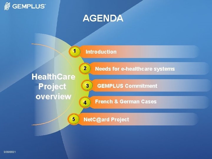 AGENDA 1 Introduction 2 Health. Care Project overview 5 2/20/2021 3 4 Needs for