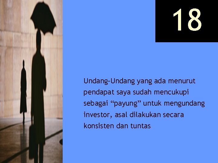 18 Undang–Undang yang ada menurut pendapat saya sudah mencukupi sebagai “payung” untuk mengundang investor,