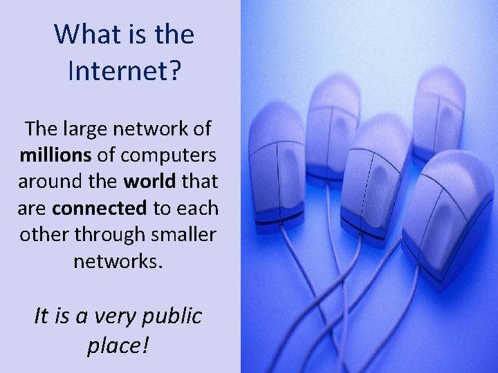 What is the Internet? The large network of millions of computers around the world