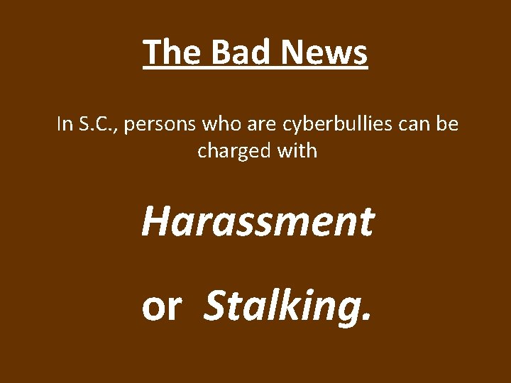 The Bad News In S. C. , persons who are cyberbullies can be charged