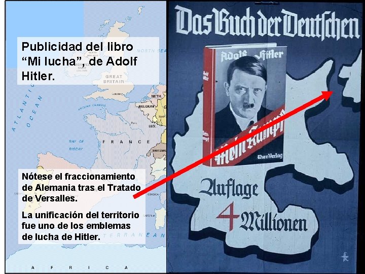 Publicidad del libro “Mi lucha”, de Adolf Hitler. Nótese el fraccionamiento de Alemania tras