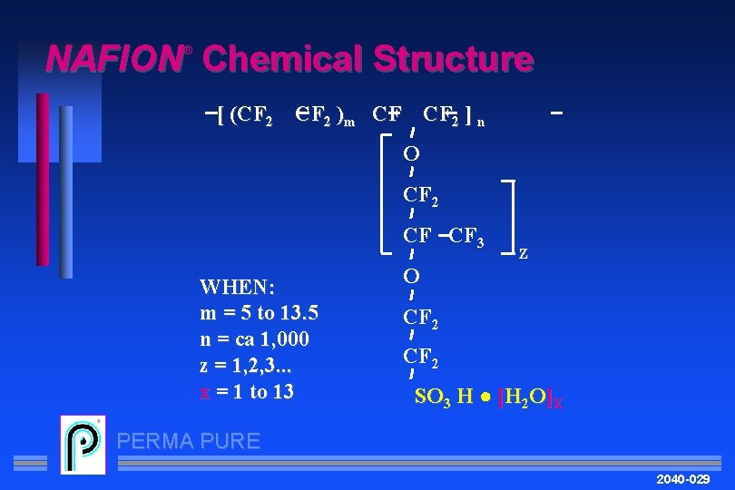 NAFION Chemical Structure ® [ (CF 2 )m CF CF 2 ] n O