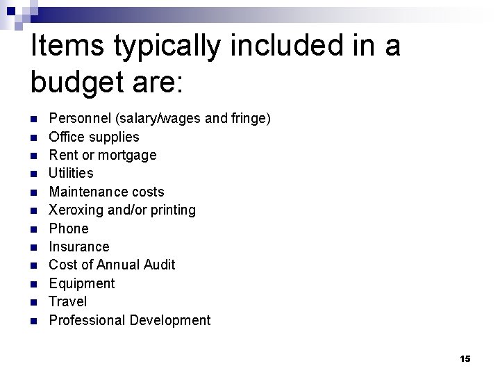 Items typically included in a budget are: n n n Personnel (salary/wages and fringe)