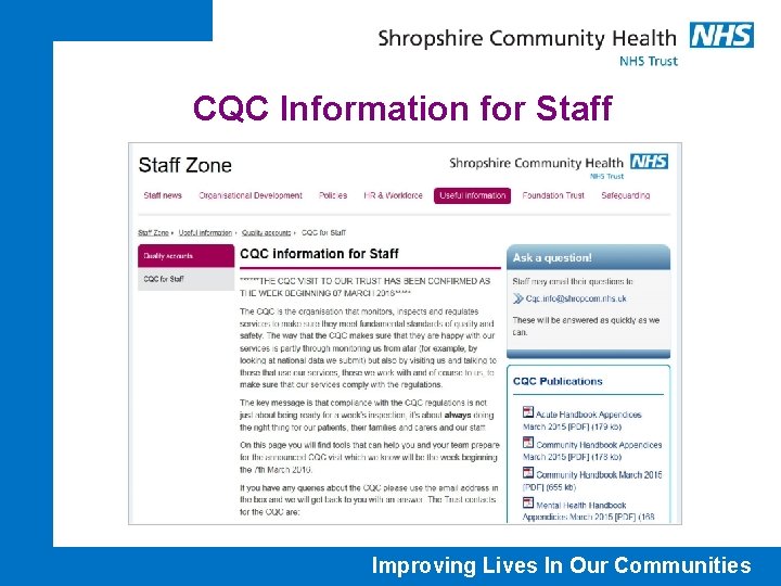 CQC Information for Staff Improving Lives In Our Communities 